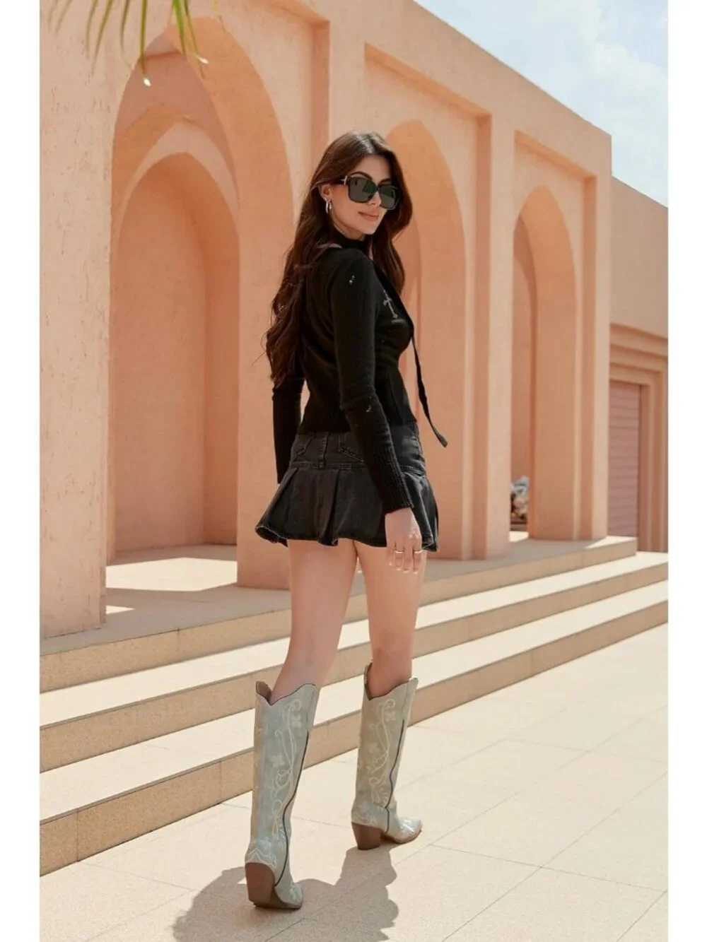 Women's Light Grey pu Knee High Floral Embroidered Vintage Cowgirl Boots